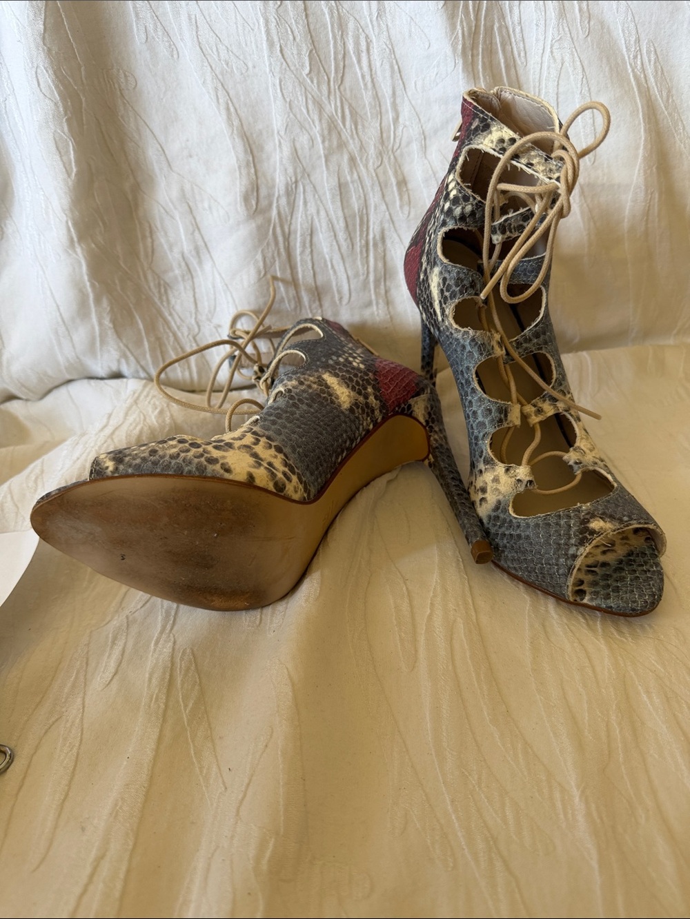 Zara Snake-Print Lace-Up Peep-Toe Heels in Gray, Cream & Red